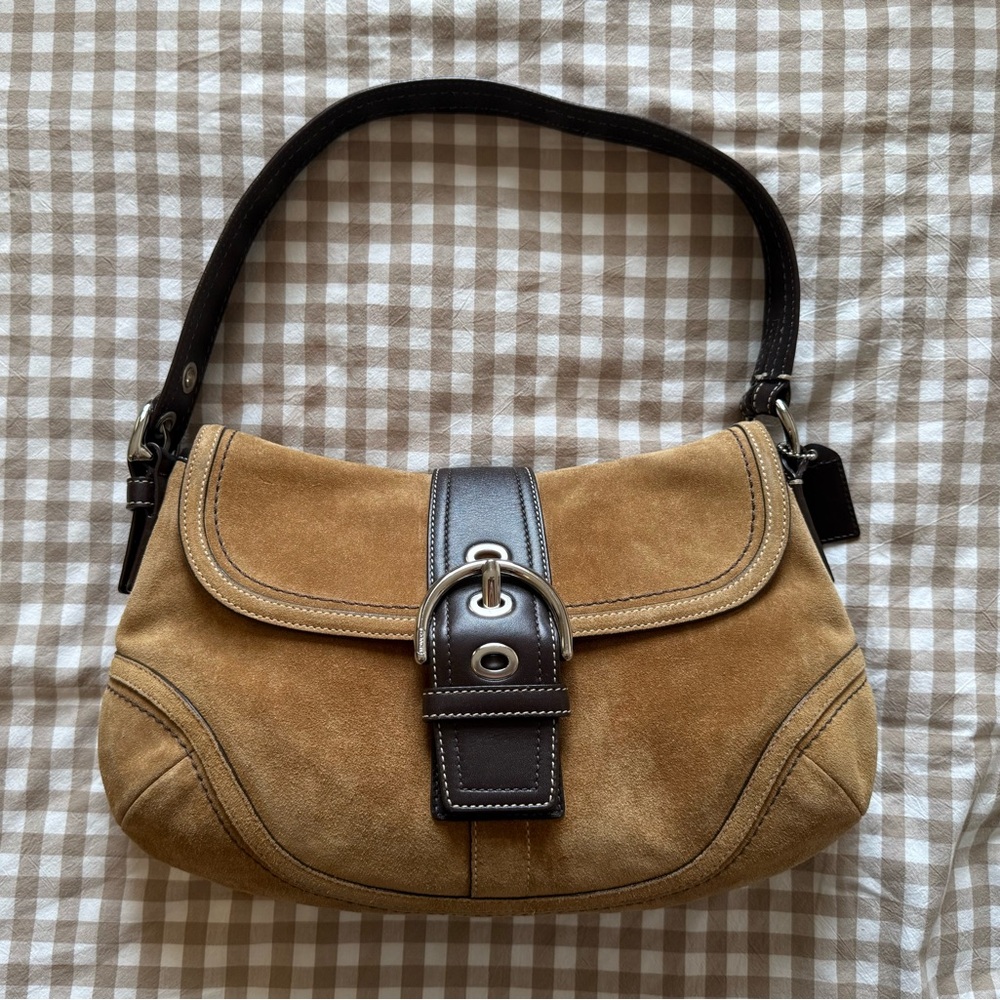 Coach Tan and Black Suede Shoulder Bag with Silver Buckle